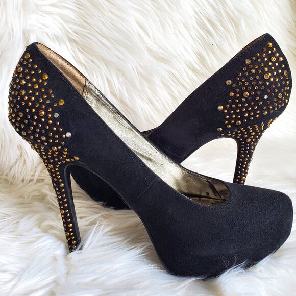 Material Girl Black Suede Gold Rhinestone Platform Heels SZ 10 - Picture 4 of 11